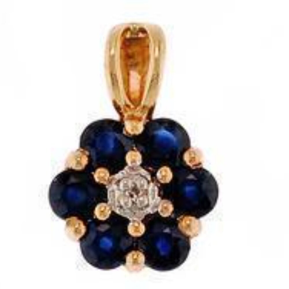 10Kt Yellow Gold Six-Petal Sapphire Flower Pendant with Diamond-Accent
